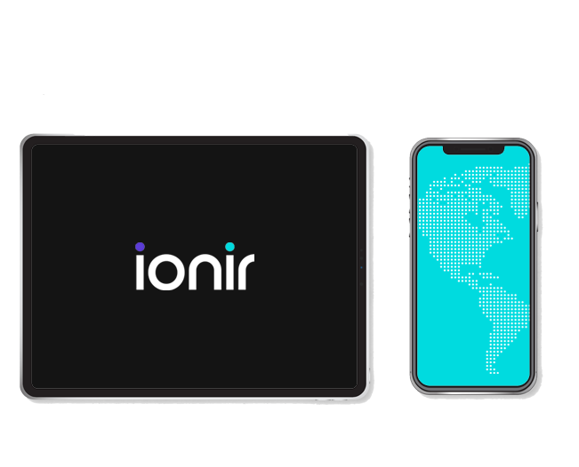 Tech graphics, ipad and iphone with ionir logo featured center